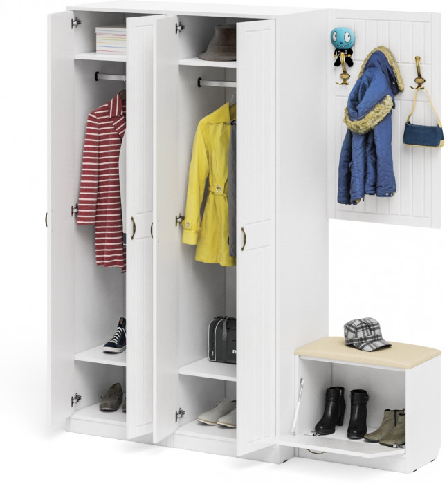 Прихожая П-6 Компоновка № 09, цвет белая шагрень/фасады МДФ белое дерево фрезеровка прованс, ШхГхВ 180х50х210 см., универсальная сборка