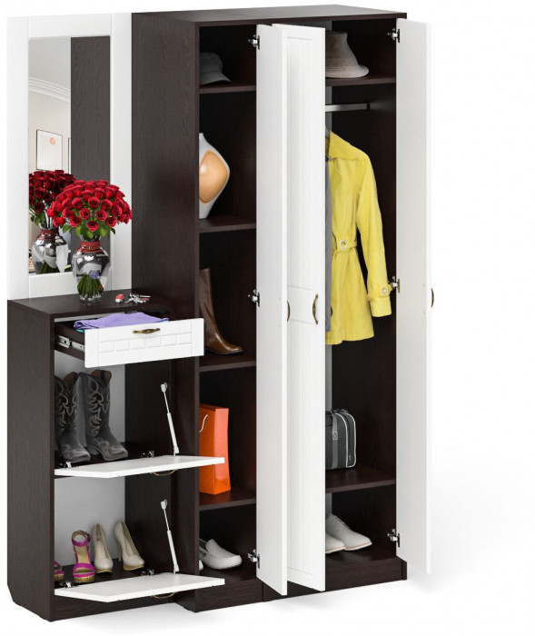 Прихожая П-6 Компоновка № 49, цвет венге/фасады МДФ белое дерево фрезеровка прованс, ШхГхВ 140х50х210 см., универсальная сборка