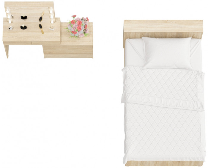 Ксения Кровать с ящиками 1200 + Стол косметический с подсветкой 110, дуб сонома