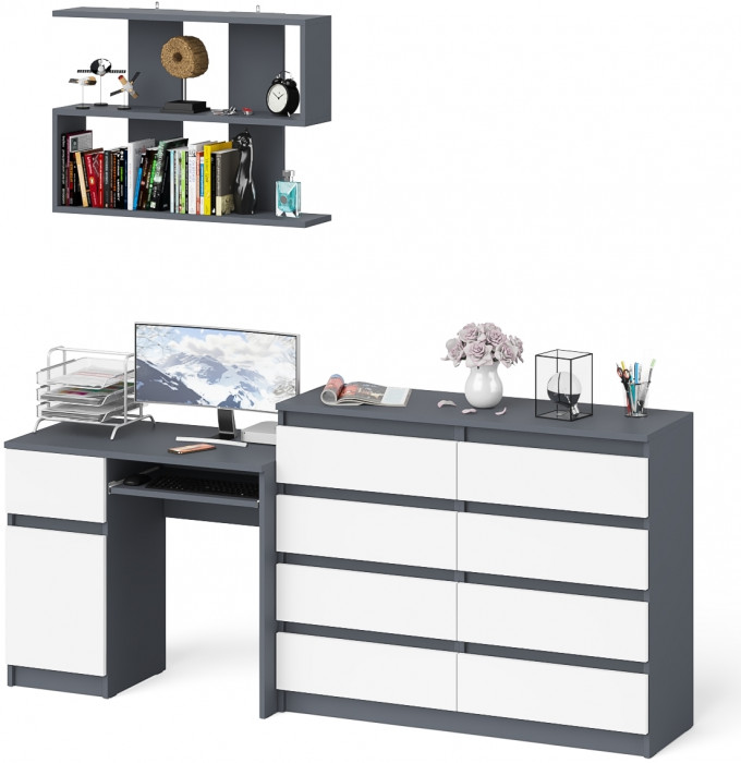 Мори компьютерный стол МС-1 левый + Комод МК1200.8 + Полка 900, графит/белый