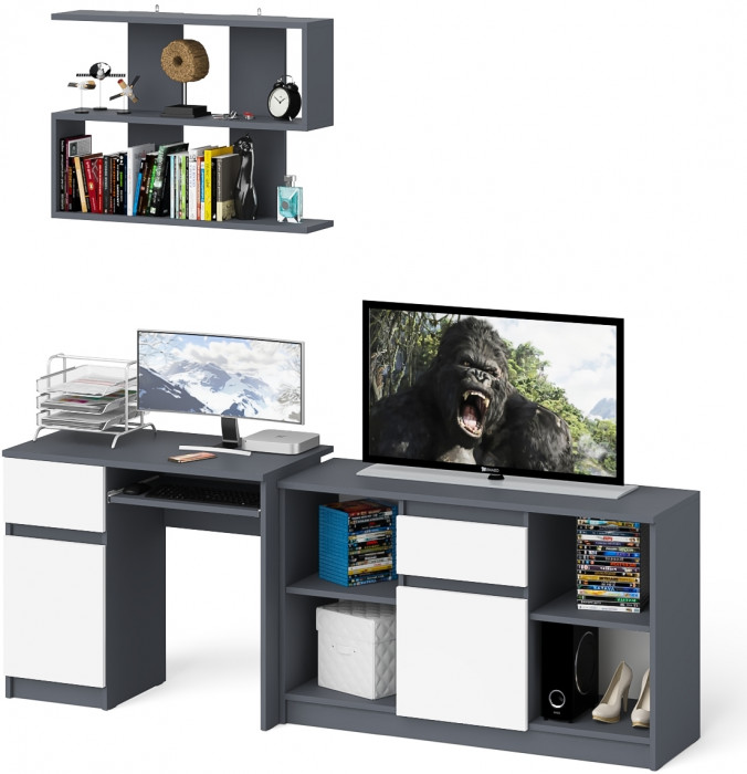 Мори компьютерный стол МС-1 левый + Тумба МТВ1204.1 + Полка 900, графит/белый