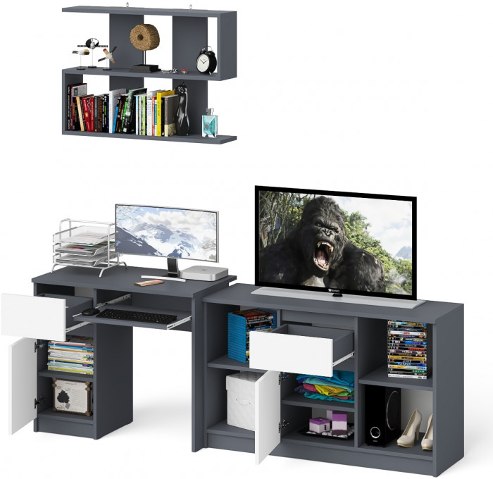 Мори компьютерный стол МС-1 левый + Тумба МТВ1204.1 + Полка 900, графит/белый