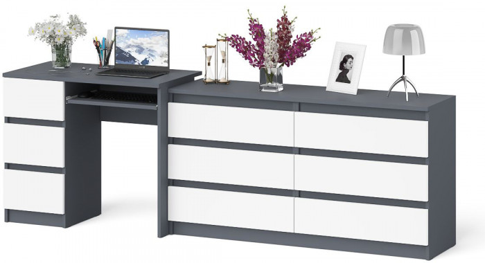 Мори компьютерный стол МС-6 левый + Комод МК1380.6, графит/белый