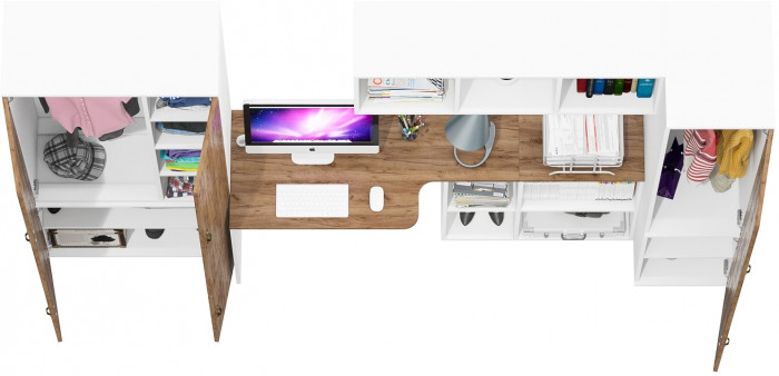 Лидер-8 Шкаф МД 20Б + Стол + Полка + Пенал 23Б, белый шагрень/крафт золото