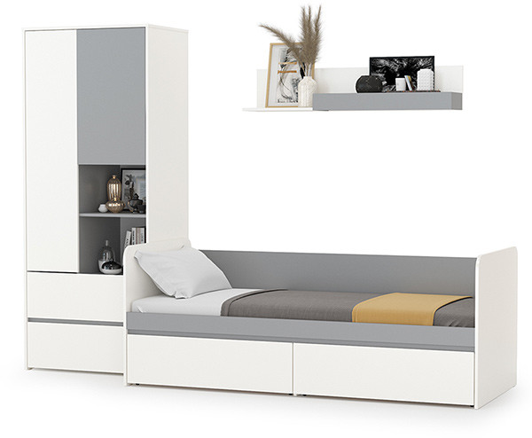 Торонто Компоновка № 20, цвет белый шагрень/стальной серый, ШхГхВ 274х84,4х195,7 см., сп. м. 800х1900 мм., б/м, основание есть, универсальная сборка