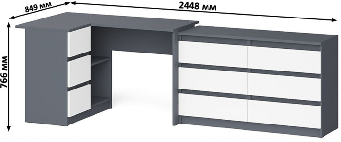 Мори компьютерный стол МС-16 левый + Комод МК1200.6, графит/белый