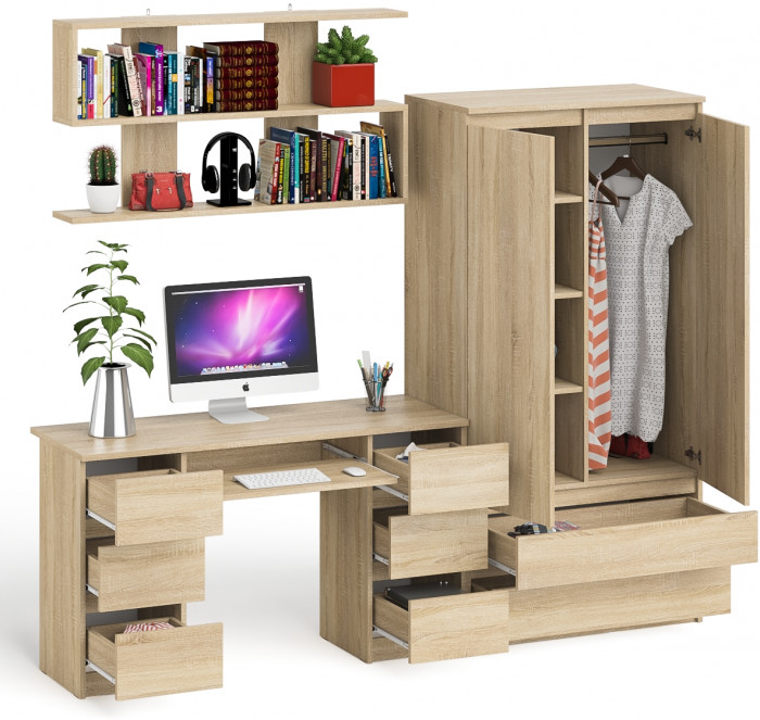 Мори компьютерный стол МС-2 + Шкаф МШ900.1 + Полка 1200, дуб сонома