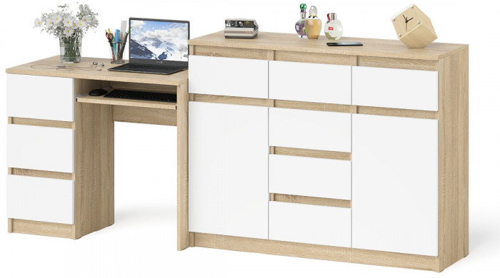 Мори Стол компьютерный МС-6 левый + Комод МК1200.4, цвет дуб сонома/белый, ШхГхВ 210,4х50х94 см., выдвижные ящики слева, НЕ универсальная сборка
