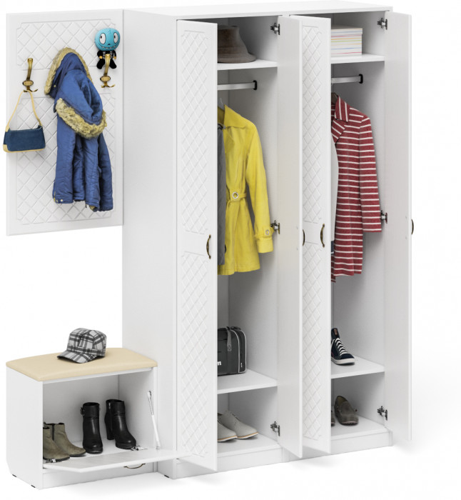 Прихожая П-6 Компоновка № 09, цвет белая шагрень/фасады МДФ белое дерево фрезеровка ромб, ШхГхВ 180х50х210 см., универсальная сборка