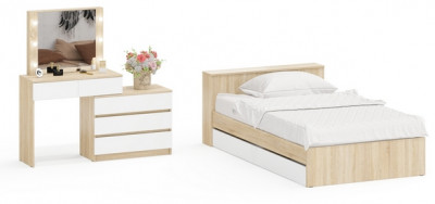 Ксения Кровать с ящиками 1200 + Стол косметический с подсветкой 110, дуб сонома/белый