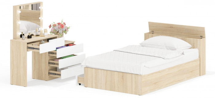 Ксения Кровать с ящиками 1200 + Стол косметический с подсветкой 110, дуб сонома/белый