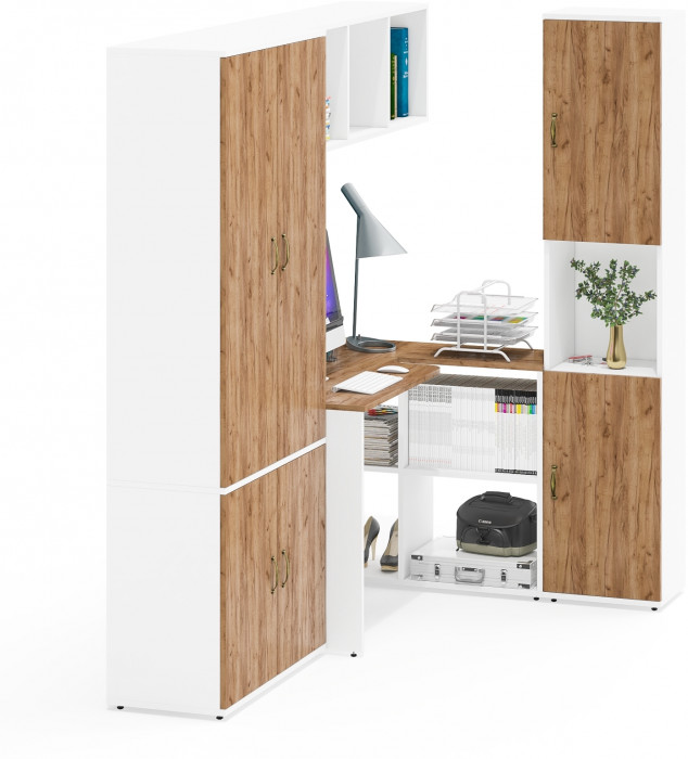 Лидер-8 Шкаф МД 20Б + Стол + Полка + Пенал, белый шагрень/крафт золото