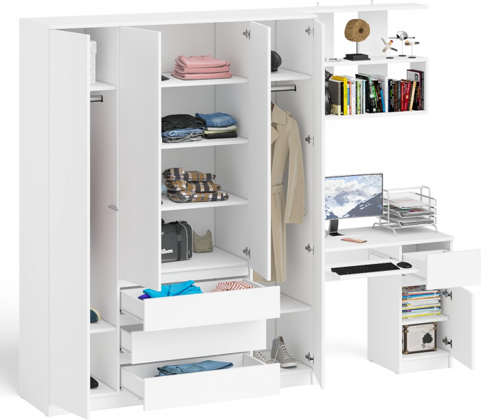 Мори Стол компьютерный МС-1 правый + Шкаф МШ1600.1 + Полка 900, цвет белый, ШхГхВ 250,4х50,4х209,6 см., НЕ универсальная сборка