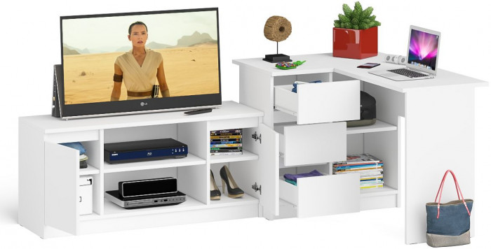 Мори Стол компьютерный МС-16 левый + Тумба МТВ1200.1, цвет белый, ШхГхВ 244,8х84,9х76,6 см., выдвижные ящики слева, НЕ универсальная сборка