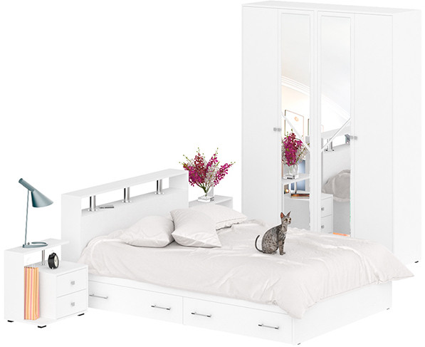 Камелия спальня № 8 Кровать с ящиками 1400 + Две тумбы + Шкаф 4-х створчатый, белый