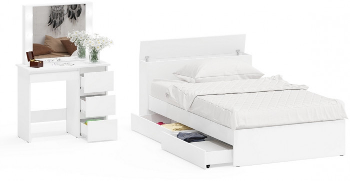 Ксения Кровать с ящиками 1200 + Стол косметический с подсветкой Сура, белый