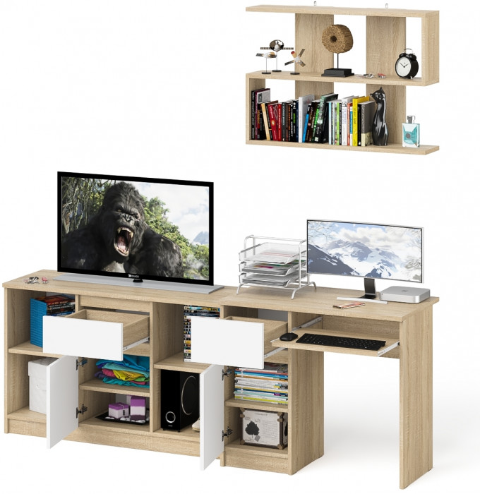 Мори компьютерный стол МС-1 левый + Тумба МТВ1204.1 + Полка 900, дуб сонома/белый