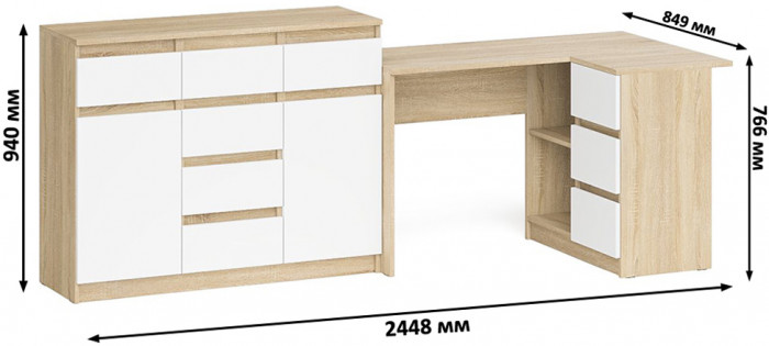 Мори компьютерный стол МС-16 правый + Комод МК1200.4, дуб сонома/белый