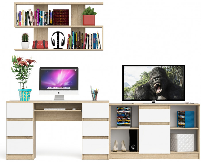 Мори компьютерный стол МС-2 + Тумба МТВ1204.1 + Полка 1200, дуб сонома/белый