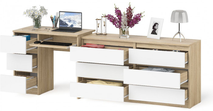 Мори компьютерный стол МС-6 левый + Комод МК1380.6, дуб сонома/белый