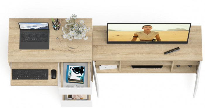 Мори компьютерный стол МС-6 правый + Тумба МТВ1200.1, дуб сонома/белый