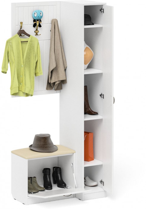 Прихожая П-6 Компоновка № 41, цвет белая шагрень/фасады МДФ белое дерево фрезеровка прованс, ШхГхВ 90х50х210 см., универсальная сборка