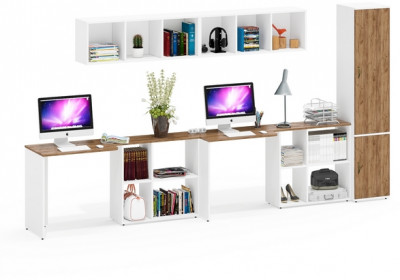 Лидер-8 Стол + Полка + Стол + Полка + Пенал МД 21Б, белый шагрень/крафт золото