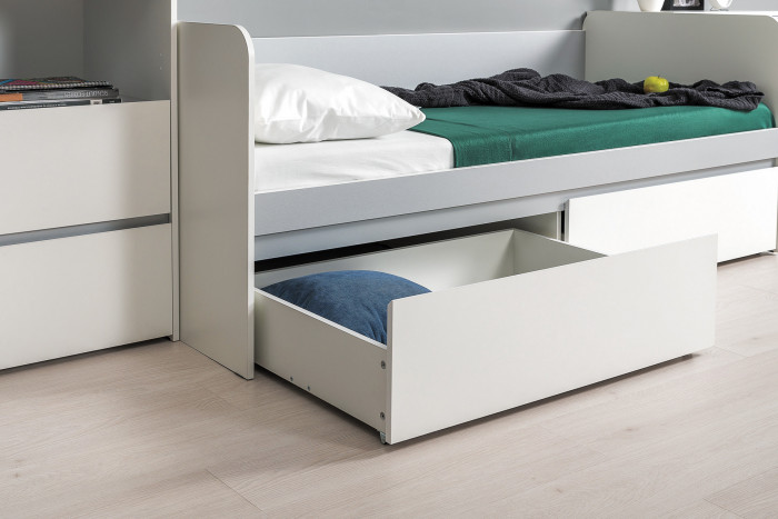 Торонто Компоновка № 22, цвет белый шагрень/стальной серый, ШхГхВ 314х84,4х149,7 см., сп. м. 800х1900 мм., б/м, основание есть, универсальная сборка