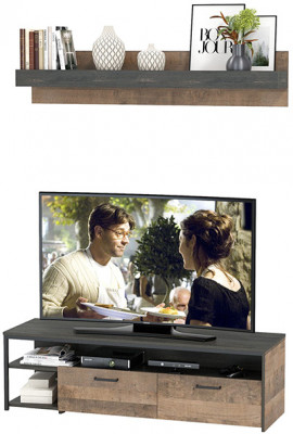 Трувор 13.70 Тумба под ТВ + 15.60 Полка, цвет дуб гранж песочный/интра, ШхГхВ 149,8х45,4х195 см., универсальная сборка