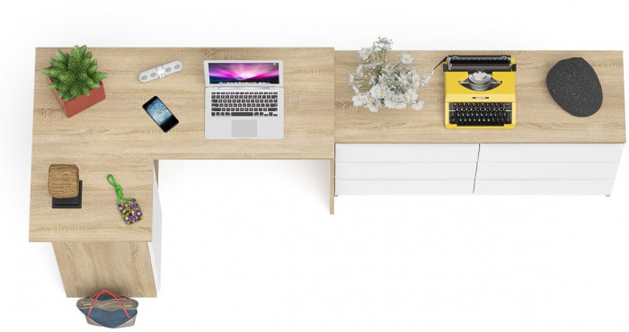 Мори компьютерный стол МС-16 левый + Комод МК1200.6, дуб сонома/белый