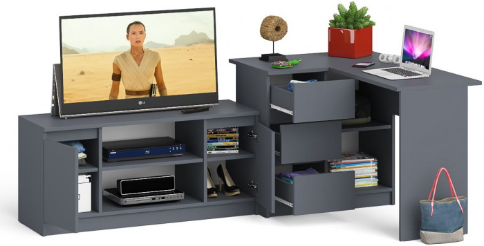 Мори Стол компьютерный МС-16 левый + Тумба МТВ1200.1, цвет графит, ШхГхВ 244,8х84,9х76,6 см., выдвижные ящики слева, НЕ универсальная сборка