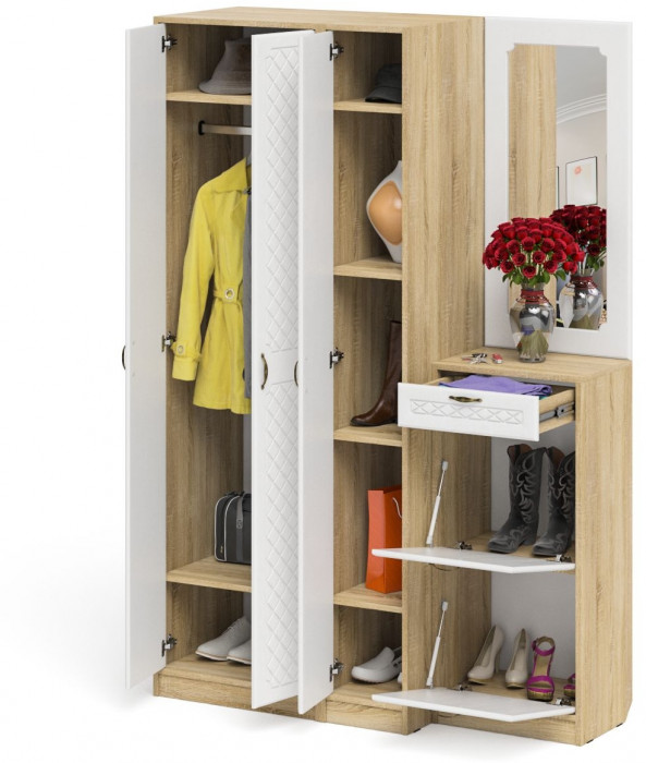 Прихожая П-6 Компоновка № 49, цвет дуб сонома/фасады МДФ белое дерево фрезеровка ромб, ШхГхВ 140х50х210 см., универсальная сборка