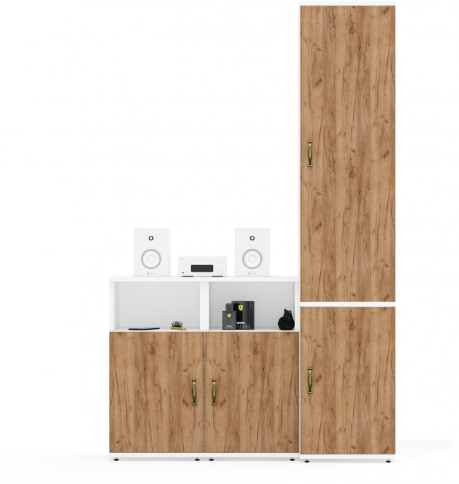 Лидер-8 Пенал МД 21Б + Тумба МД 3.19 + Тумба МД 3.19, белый шагрень/крафт золото