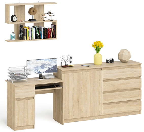 Мори Стол компьютерный МС-1 левый + Комод МК1600.1 + Полка 900, цвет дуб сонома, ШхГхВ 250,4х50х209,6 см., НЕ универсальная сборка