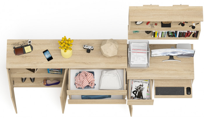 Мори Стол компьютерный МС-1 левый + Комод МК1600.1 + Полка 900, цвет дуб сонома, ШхГхВ 250,4х50х209,6 см., НЕ универсальная сборка