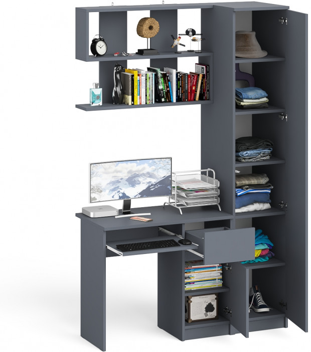 Мори Стол компьютерный МС-1 правый + Пенал МШ400.1 + Полка 900, цвет графит, ШхГхВ 130,4х50,4х209,6 см., НЕ универсальная сборка
