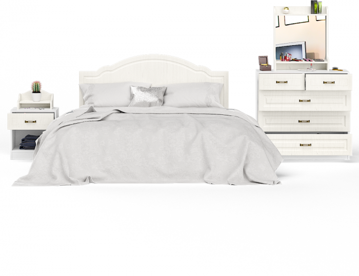 Ливерпуль Спальня № 5 Кровать 11.08ОСН + Тумба 08.146 + Полка 10.117 + Комод 10.103 + Полка 10.118, ясень ваниль/белый, 1600х2000 мм., б/м, орт. есть