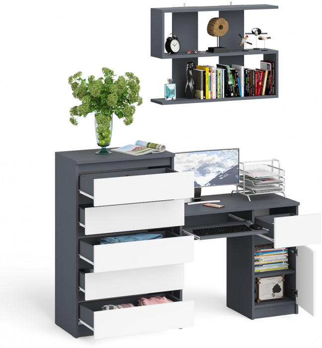 Мори Стол компьютерный МС-1 правый + Комод МК700.5 + Полка 900, цвет графит/белый, ШхГхВ 160,4х50х209,6 см., НЕ универсальная сборка