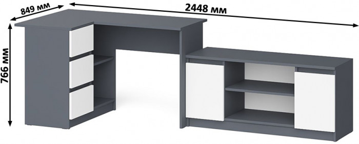 Мори Стол компьютерный МС-16 левый + Тумба МТВ1200.1, цвет графит/белый, ШхГхВ 244,8х84,9х76,6 см., выдвижные ящики слева, НЕ универсальная сборка
