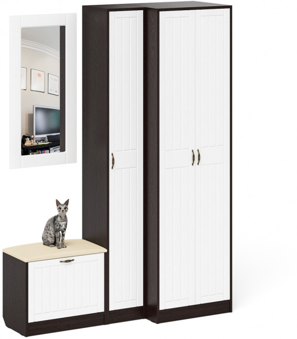 Прихожая П-6 Компоновка № 26, цвет венге/фасады МДФ белое дерево фрезеровка прованс, ШхГхВ 150х50х210 см., универсальная сборка