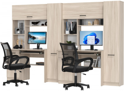 Два стола рабочих 6-0603 Альфа + два кресла 103 чёрных, цвет ясень шимо светлый, ШхГхВ 274х61х181 см., универсальная сборка