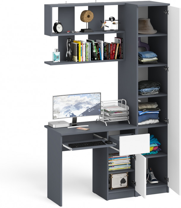 Мори Стол компьютерный МС-1 правый + Пенал МШ400.1 + Полка 900, цвет графит/белый, ШхГхВ 130,4х50,4х209,6 см., НЕ универсальная сборка