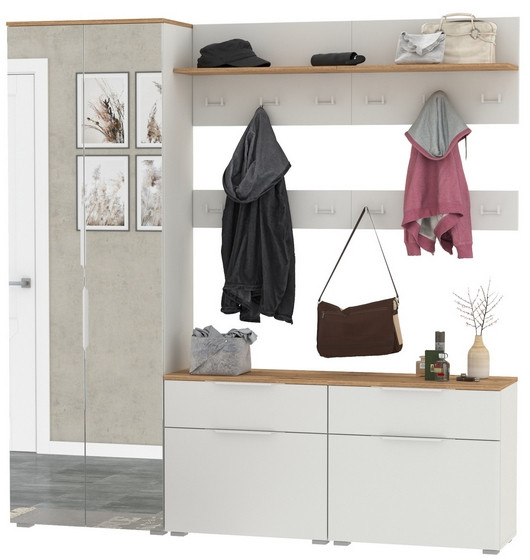 Октава Прихожая 32, цвет белый шагрень/дуб крафт золотой/фасады МДФ белый шагрень, ШхГхВ 194,2х35,4х197,6 см., универсальная сборка