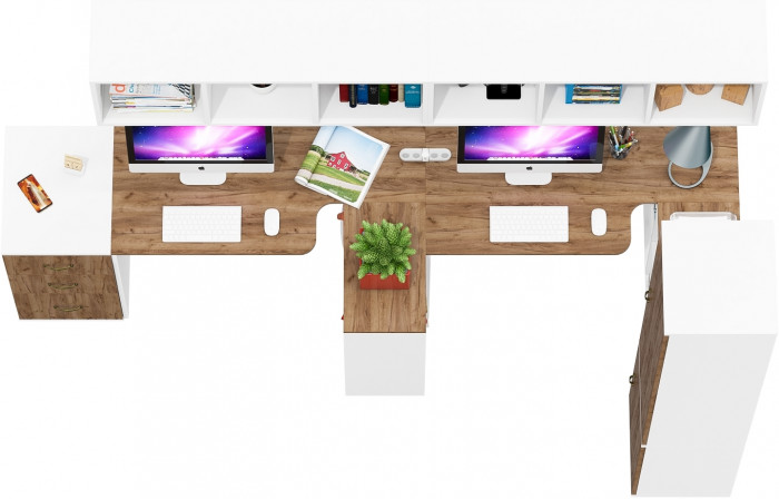 Лидер-8 Стол + Полка + Стол + Полка + Пенал МД 22Б + Тумба МД 3.16, белый шагрень/крафт золото