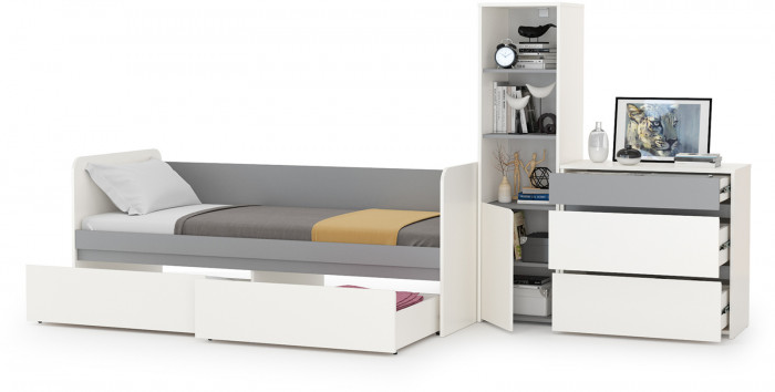 Торонто Компоновка № 24, цвет белый шагрень/стальной серый, ШхГхВ 314х84,4х149,7 см., сп. м. 800х1900 мм., б/м, основание есть, универсальная сборка