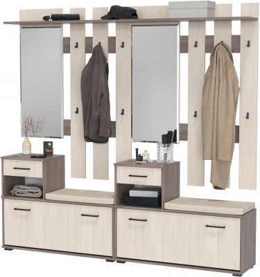 Лира ГК Прихожая 2 Два х Тумба под обувь + Два х Вешалка с зеркалом, цвет бодега тёмный/бодега светлый, ШхГхВ 200х33х185 см., универсальная сборка