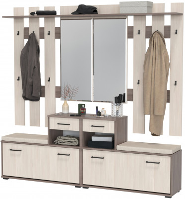 Лира ГК Прихожая 2 Два х Тумба под обувь + Два х Вешалка с зеркалом, цвет бодега тёмный/бодега светлый, ШхГхВ 200х33х185 см., универсальная сборка