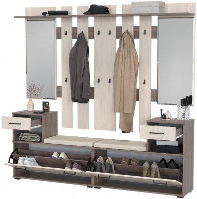 Лира ГК Прихожая 2 Два х Тумба под обувь + Два х Вешалка с зеркалом, цвет бодега тёмный/бодега светлый, ШхГхВ 200х33х185 см., универсальная сборка