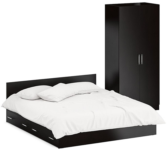 Кровать с ящиками 1800 + Шкаф 2-х створчатый Стандарт, цвет венге, ШхГхВ 183,5х203,5х70 + 90х52х200 см., сп.м. 1800х2000 мм., б/м, основание есть