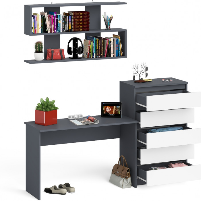 Мори письменный стол МСП1200.1 + Комод МК700.5 + Полка 1200, графит/белый
